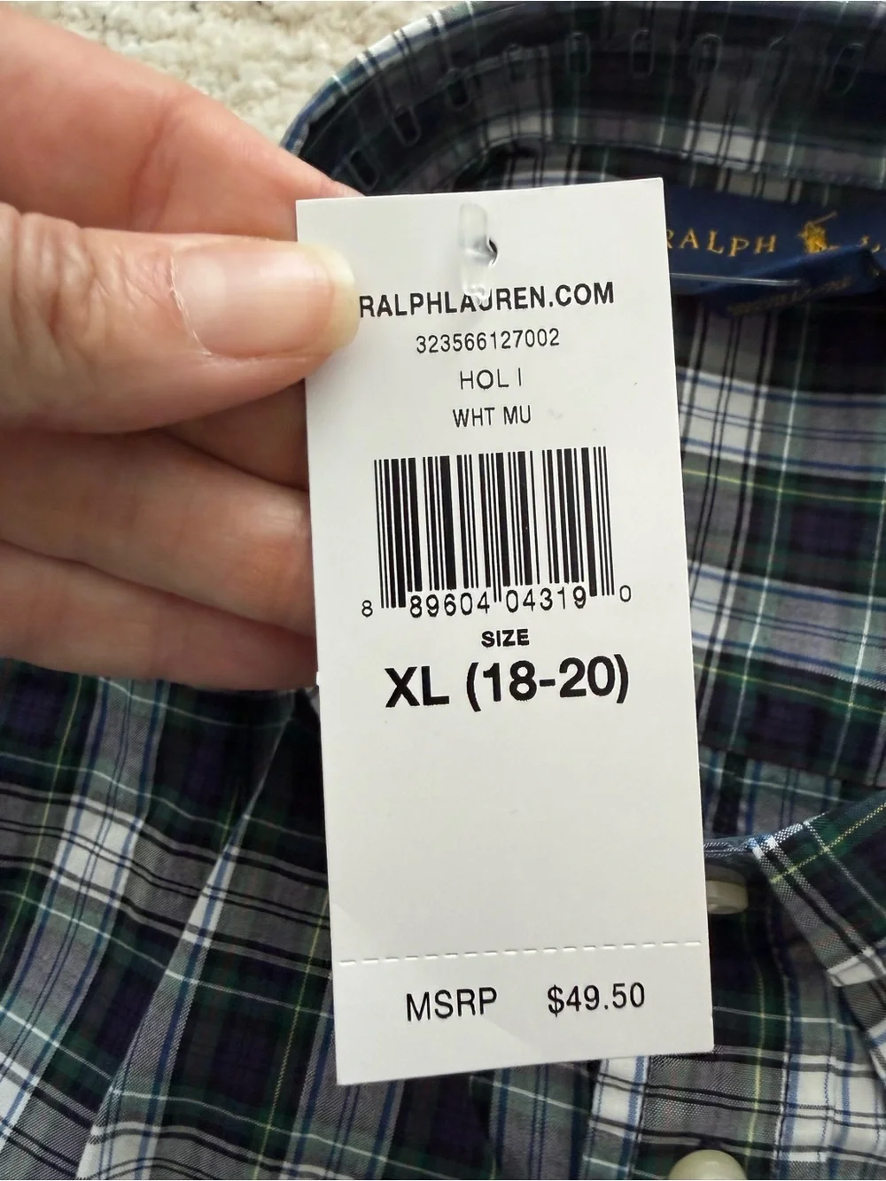 NWT Ralph Lauren Boys XL 18-20 Plaid Button Front Shirt Green Blue Cotton